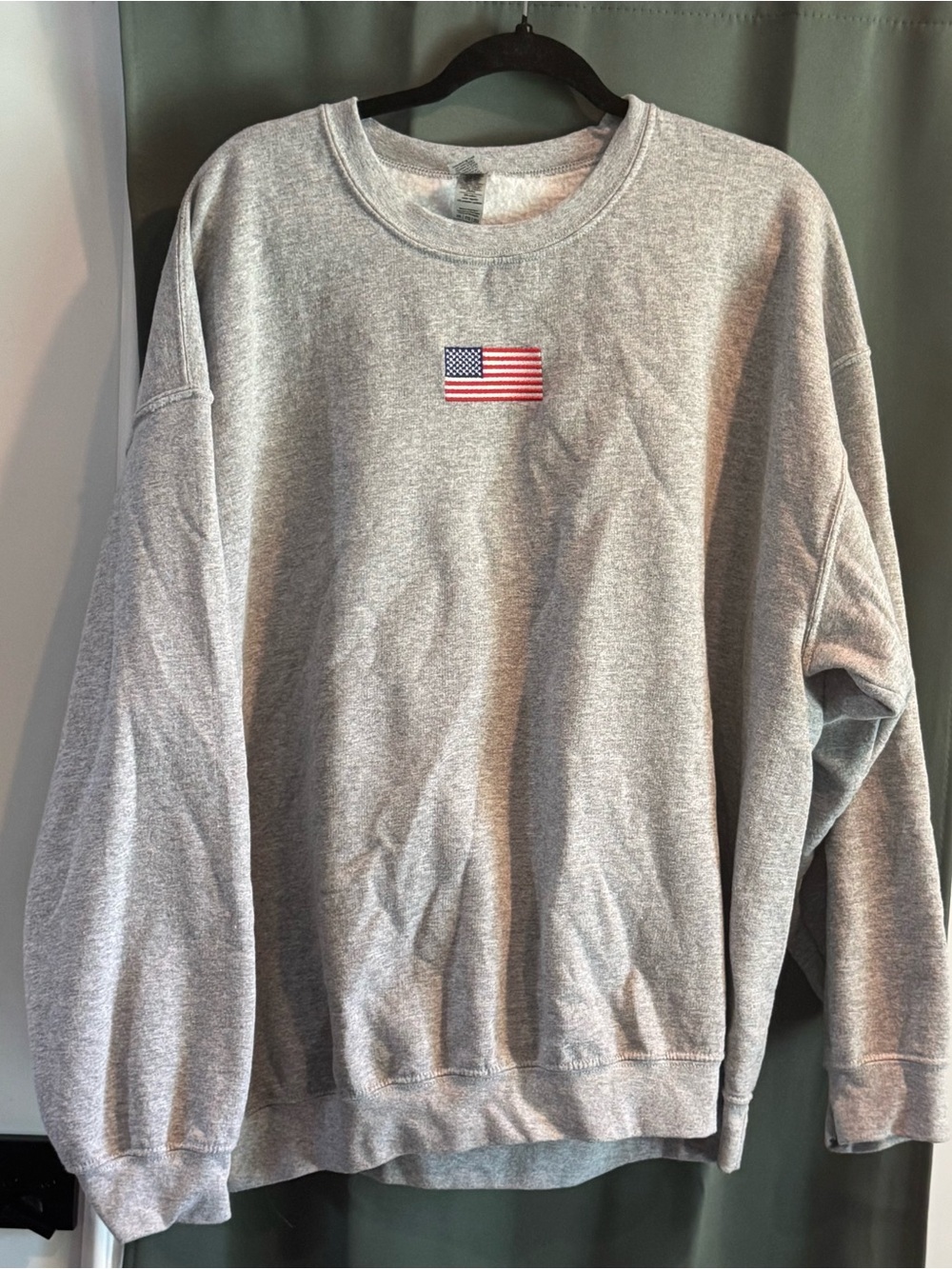 Gildan Gray Crewneck Sweatshirt with Small American Flag Patch